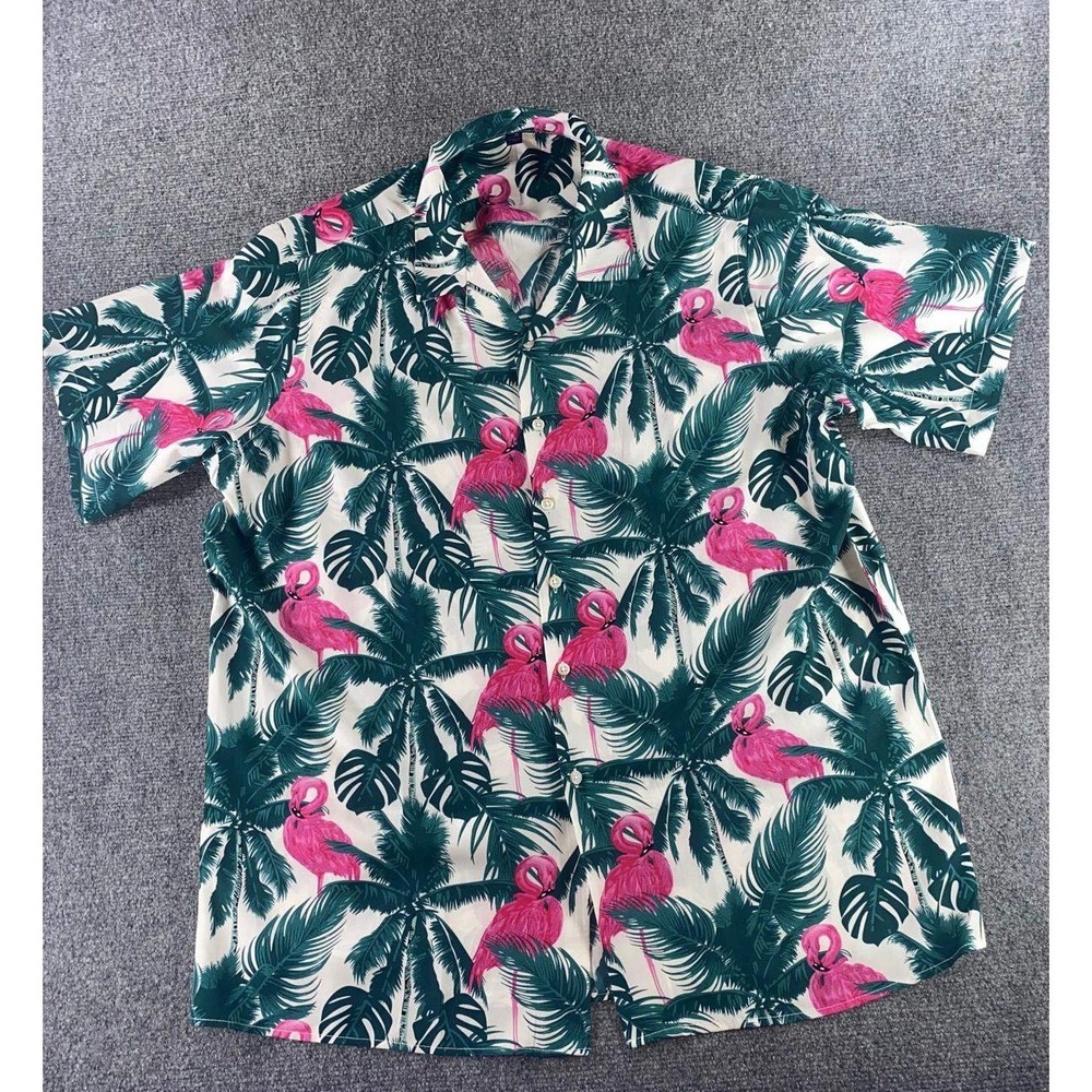 Unbranded Pink Flamingo Palm Tree Tropical Hawaiian Shirt Mens XL Green White